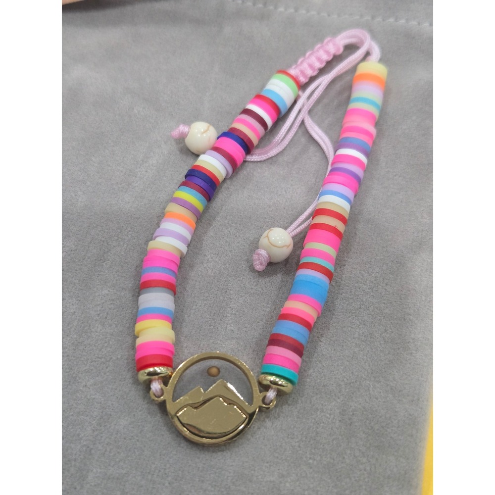 Confirmation Gift Clay Disc Beaded Bracelet Mountain Charm Adjustable Pink Cord
